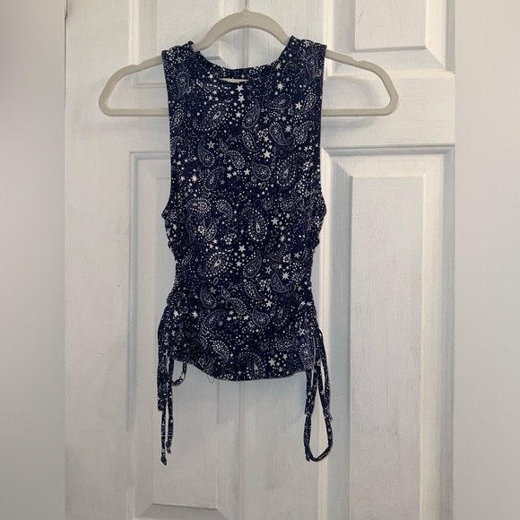 Size small blue white star print astrological side cutout ties ribbed tank top - Picture 1 of 6